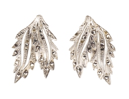 Women's Sterling Silver Estate Leaf Filigree Rhinestone Clip On 27.8mm Earrings 