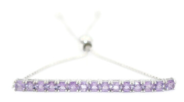 925 Sterling Silver 4mm Round Purple Amethyst Women's Adjustable Bracelet