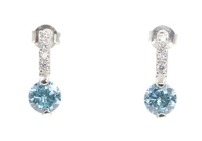 Sterling Silver Thin Bar with Round Cut Light Blue CZ 16.4mm Stud Earrings
