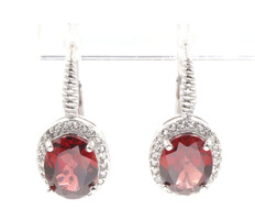 Sterling Silver Simulated Oval Cut Garnet and Round CZ Women's Dangle Earrings