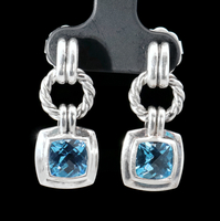 David Yurman Renaissance Blue Topaz Cushion Cut Sterling Silver Drop Earrings 
