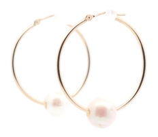 1.2" 14KT Yellow Gold Round Hoop Earring with 9.1mm White Cultured Pearls - 1.2g