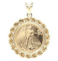 Liberty 2000 1/4 oz Fine Gold Coin in 14KT Yellow Gold Rope Bezel Pendant 12.9g