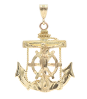 14KT Yellow Gold Diamond-Cut Detailed Crucifix 33.6mm Anchor Necklace Pendant 