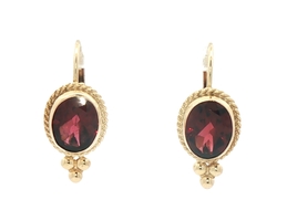 14KT Yellow Gold Oval Cut 2.20 ctw Garnet Lever Back Drop Earrings w Ball Accent