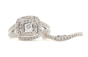 0.93 ctw Round Diamond Square Halo 10KT White Gold Cluster Wedding Ring Set 6.4g