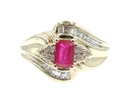 0.55 Ct Natural Ruby, Round & Baguette Diamond 10KT Yellow Gold Bypass Ring ADL