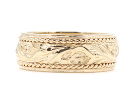 14KT Yellow Gold Ornate Filigree Detailing Rope Edge 7.9mm Heavy Gold Band Ring