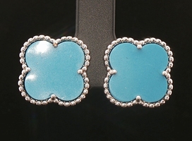 Four Leaf Clover Cut Faux Turquoise Insert Sterling Silver 14.3mm Stud Earrings