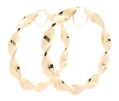 Large 2.5" Twisted 14KT Yellow Gold Round Hoop Earrings with Greek Key Detailing