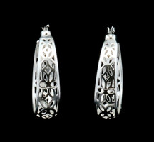 Women's Sterling Silver 925 Unique Cut Out Design 24mm Medium Hoop Earrings 2.6g
