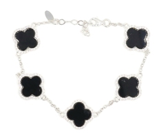 Women's Sterling Silver Clover Cut 15mm Black Onyx & CZ 925 Station Bracelet