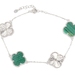 Women's Sterling Silver Clover Cut 15.4mm Faux Malachite 925 Station Bracelet