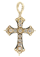Estate 14KT Yellow Gold 2.20 Ctw Round Diamond & Black Enamel 2.5" Cross Pendant