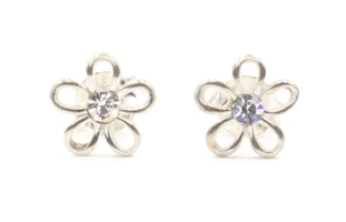 Sterling Silver (925) Round Cut Clear Cubic Zirconia 7.3mm Flower Stud Earrings