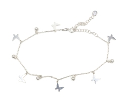 Sterling Silver (925) Dangling Butterflies & Beads Adjustable CZ Chain Anklet 