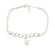 Sterling Silver 925 Round CZ Four-Leaf Clover Charm on Adjustable Curb Bracelet