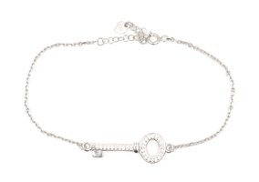 Women's Sterling Silver 925 Round CZ Key Charm Adjustable Cable Chain Bracelet 