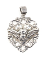 Estate Sterling Silver (925) Cherub Angel Heart Necklace Pendant 1.6" - 3.99g